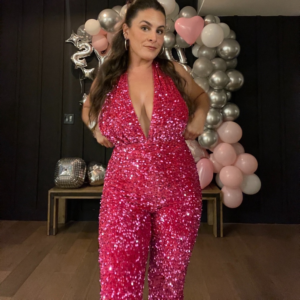 Fashionnova Pink Sequin Halter Jumpsuit
